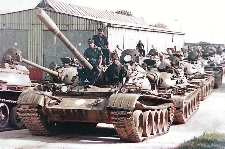 Maj Milinda Peiris in the driver’s cupola of one of the T-55AM2 tanks selected for Sri Lanka, Czechoslovakia, 1991.