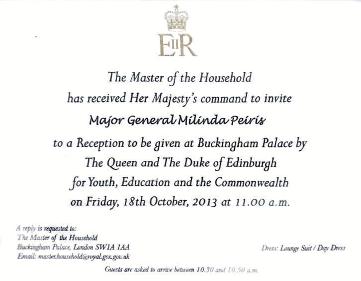 Invitation from the Master of the Household to a Reception given at Buckingham Palace by The Queen and The Duke of Edinburgh for Youth, Education and the Commonwealth, Friday 18 October 2013.